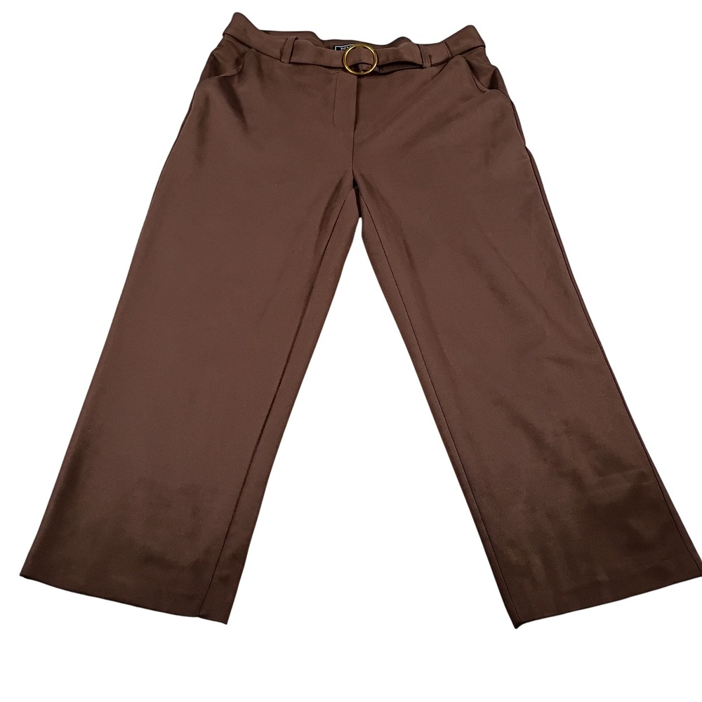 NYCC Trousers Women Large Brown Wide Leg Gold O-Ring Belt Stretch